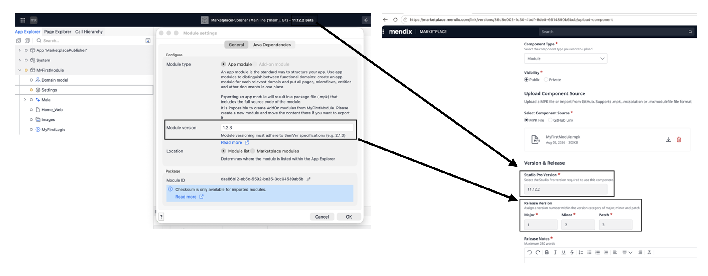 Marketplace upload screen showing Release Version and Studio Pro Version fields